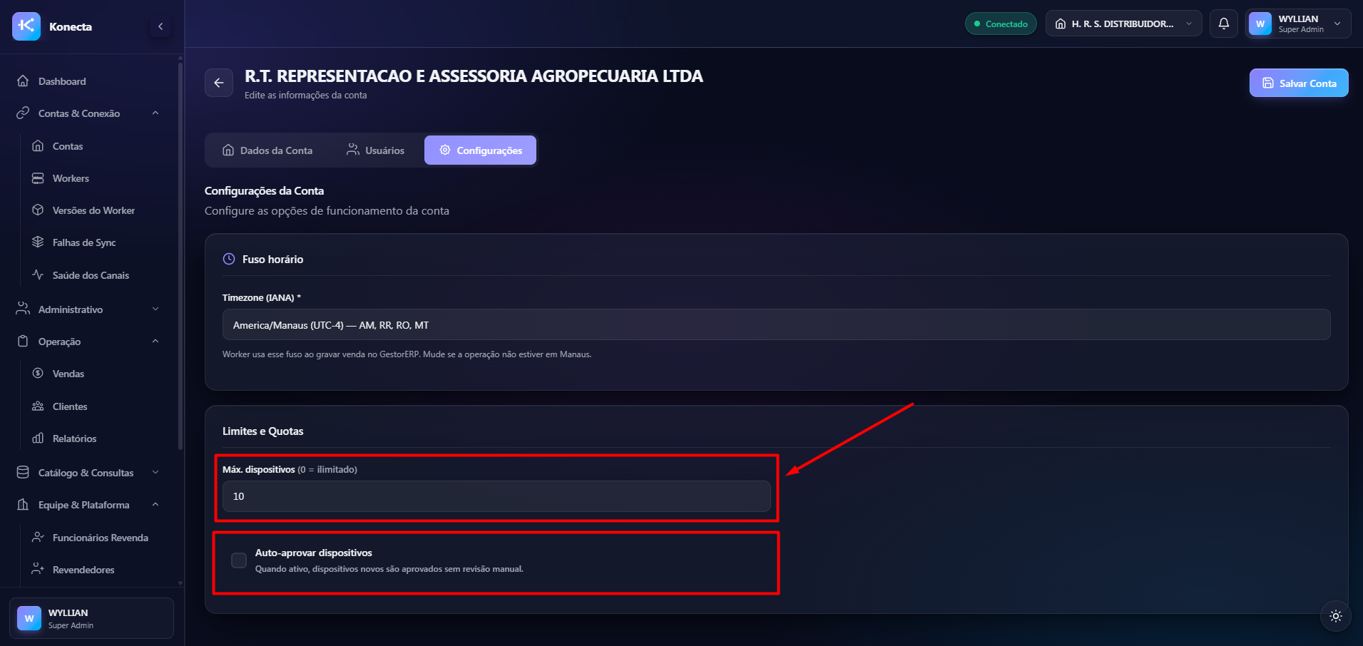 Configurações de dispositivos na conta