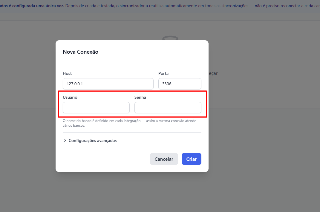 Formulário de conexão com ERP