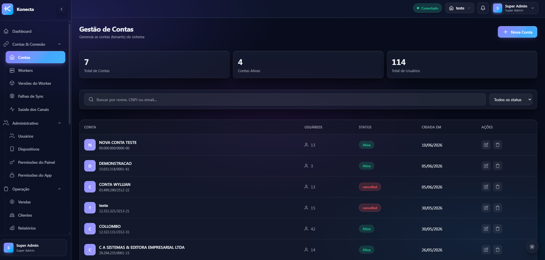 Menu Admin Contas