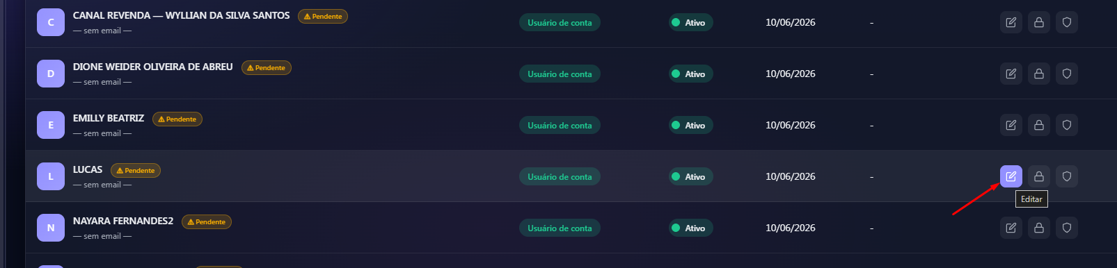 Edição do usuário pendente