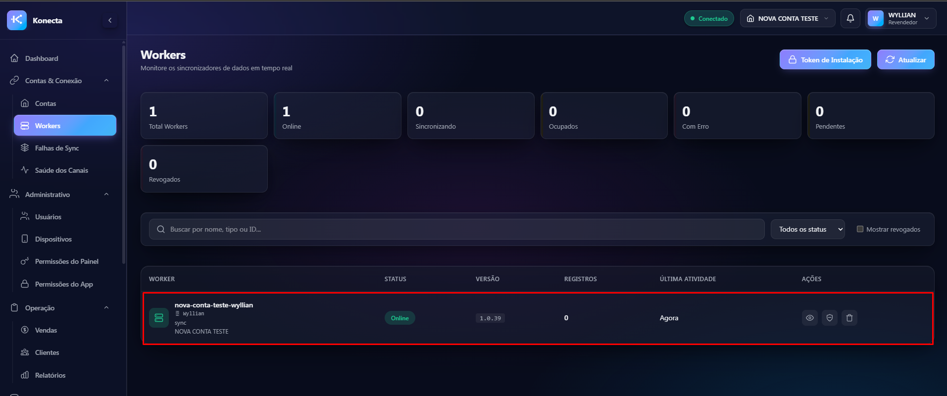 Worker online no painel