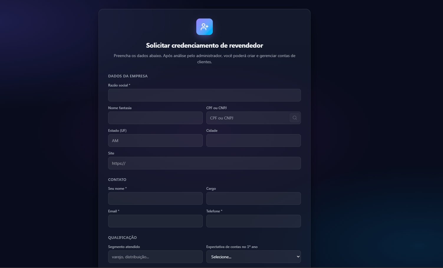 Formulário de cadastro de revendedor